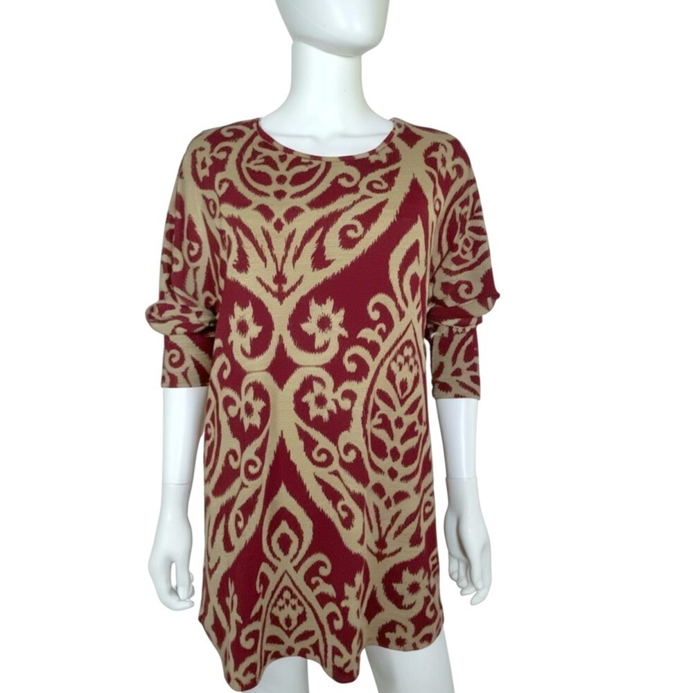 HerShe Burgundy & Tan Damask Patterned 3/4 Dolman Sleeve Tunic Top/Dress